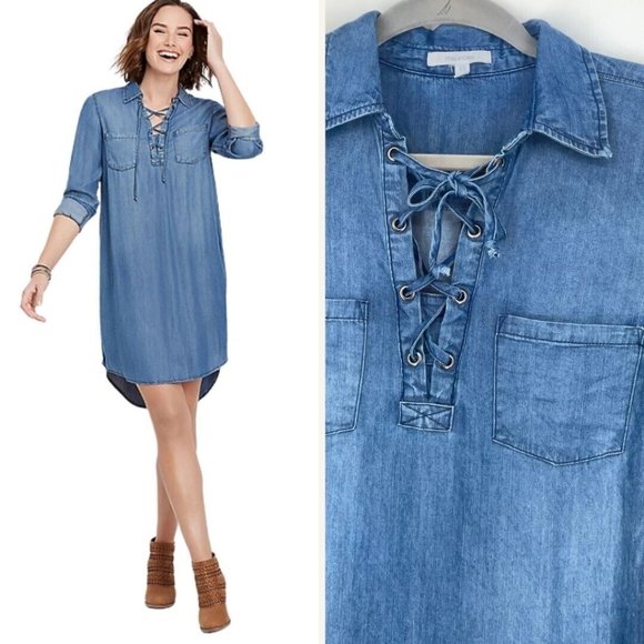 Maurices Dresses & Skirts - Maurices Lace Up Chambray Shirt Dress Womens XS Pockets Lightweight Roll Sleeve
